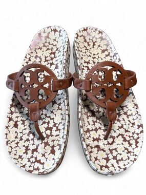 Tory Burch Miller Cloud sandals in the Burnt Cuoio/Reverie Ditsy, Brown Leather